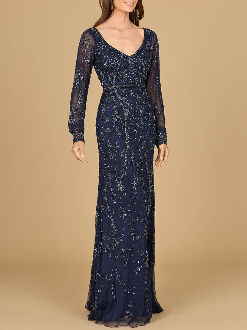 V-Neck Beaded Gown with Sleeves - JUSTLUXURY