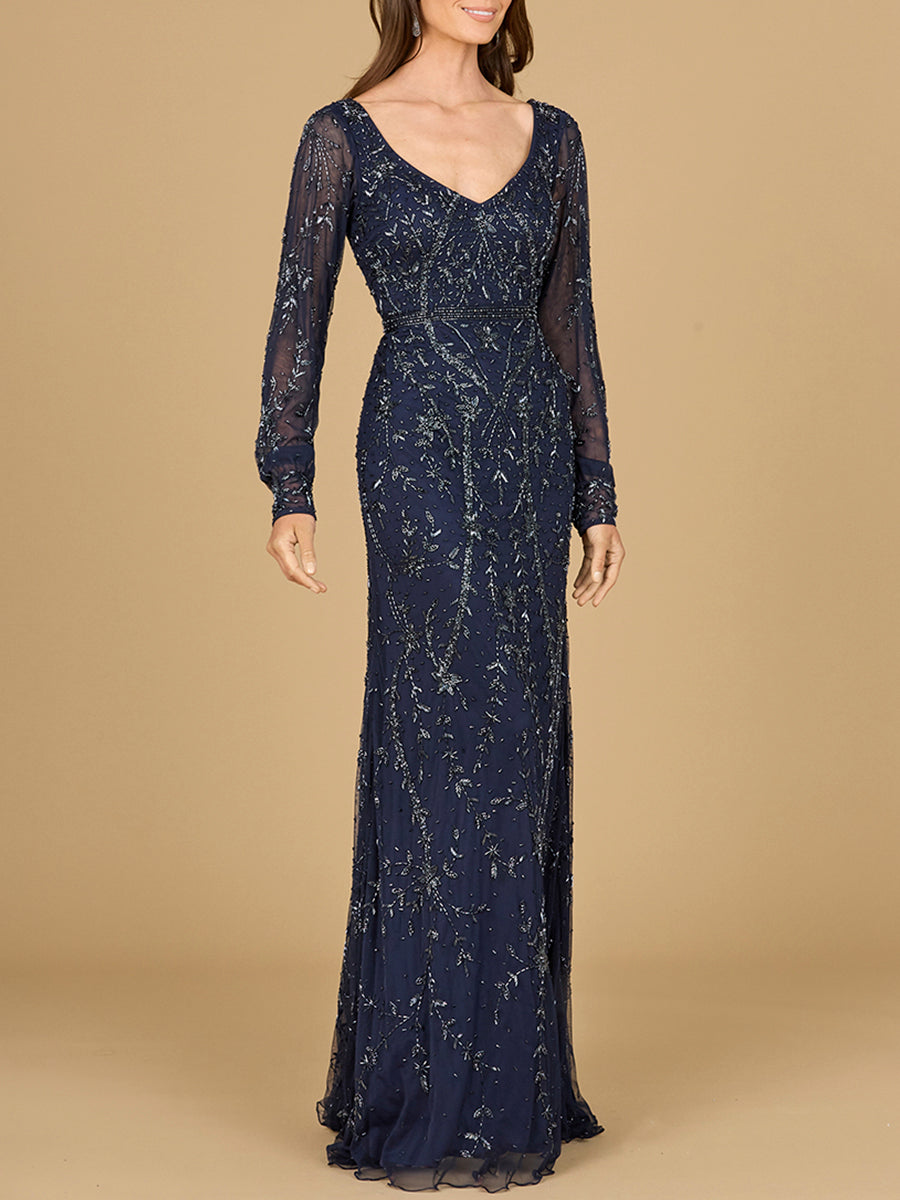 V-Neck Beaded Gown with Sleeves - JUSTLUXURY