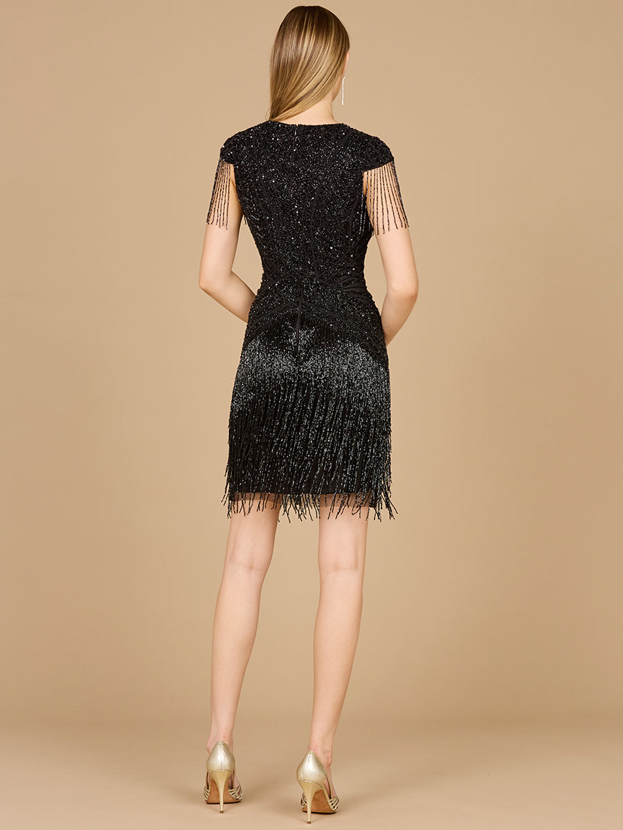 Beaded Fringe Short Dress with Cap Sleeves - JUSTLUXURY
