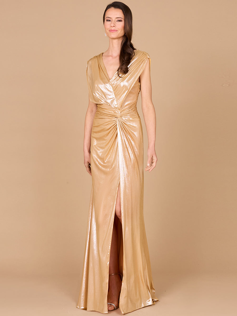 V-Neck Metallic Dress with Slit - OUTLET - JUSTLUXURY