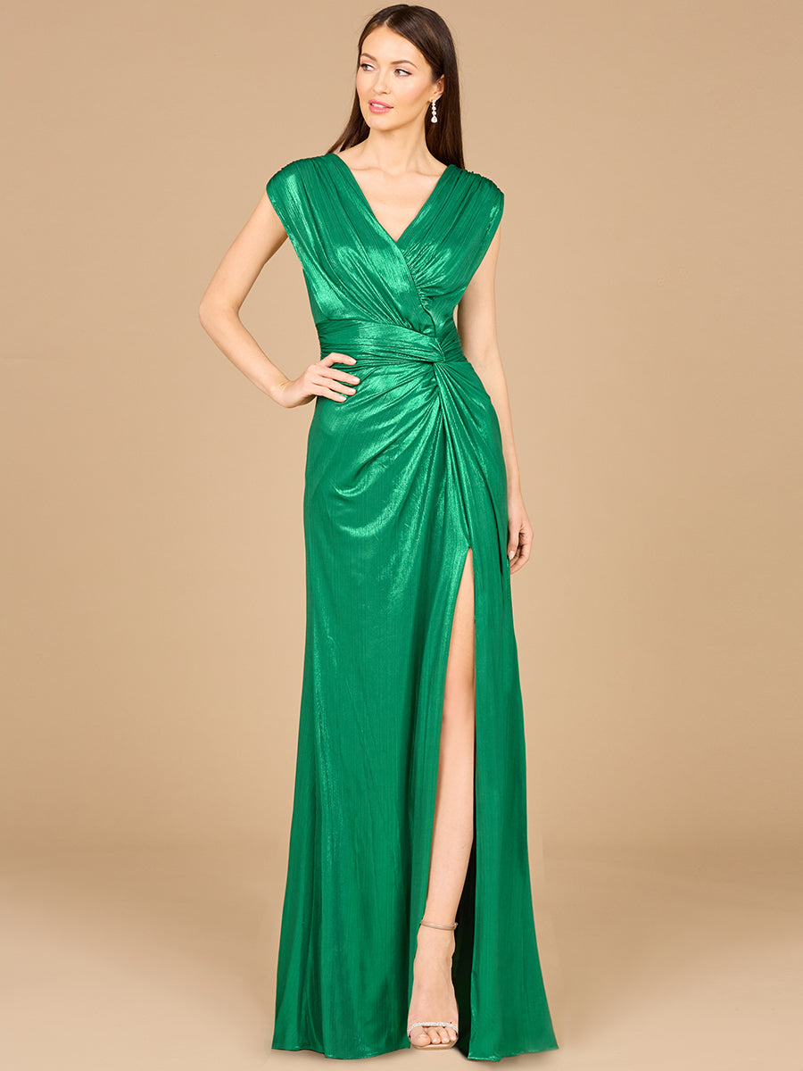 V-Neck Metallic Dress with Slit - OUTLET - JUSTLUXURY