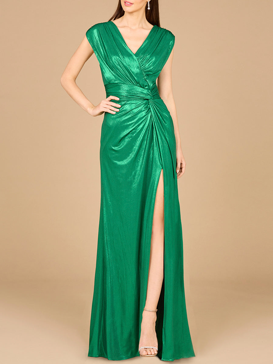 V-Neck Metallic Dress with Slit - OUTLET - JUSTLUXURY