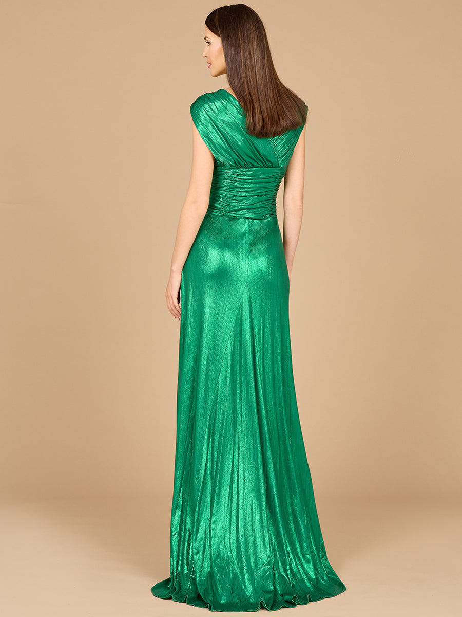 V-Neck Metallic Dress with Slit - OUTLET - JUSTLUXURY