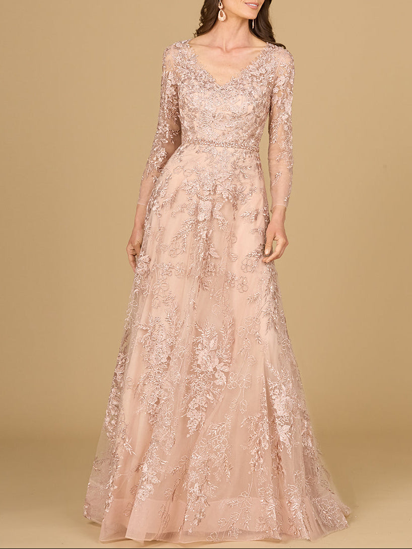 Long Sleeve V-Neck Lace Gown with Beaded Belt - JUSTLUXURY