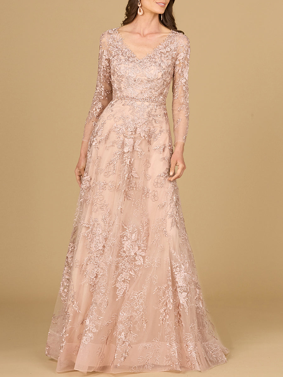 Long Sleeve V-Neck Lace Gown with Beaded Belt - JUSTLUXURY