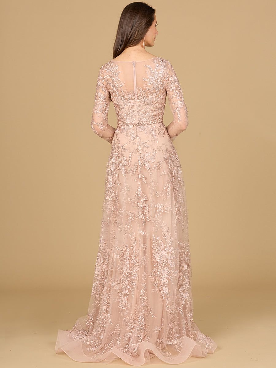 Long Sleeve V-Neck Lace Gown with Beaded Belt - JUSTLUXURY