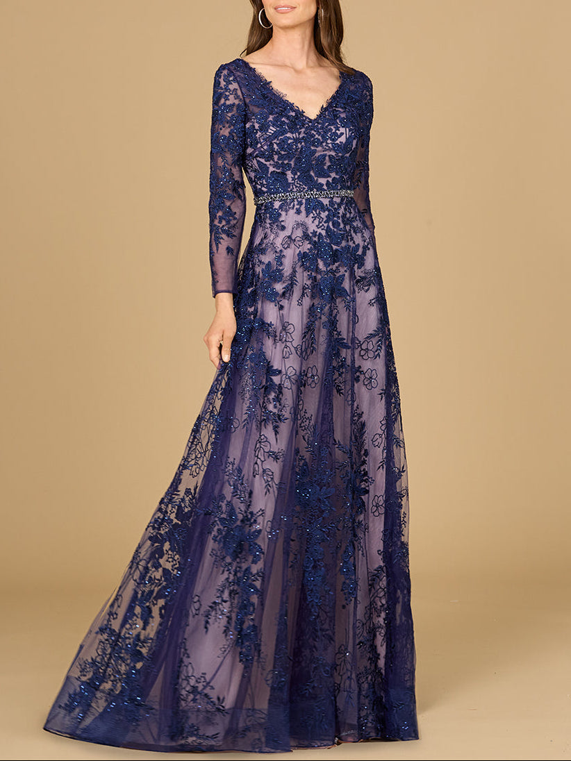 Long Sleeve V-Neck Lace Gown with Beaded Belt - JUSTLUXURY