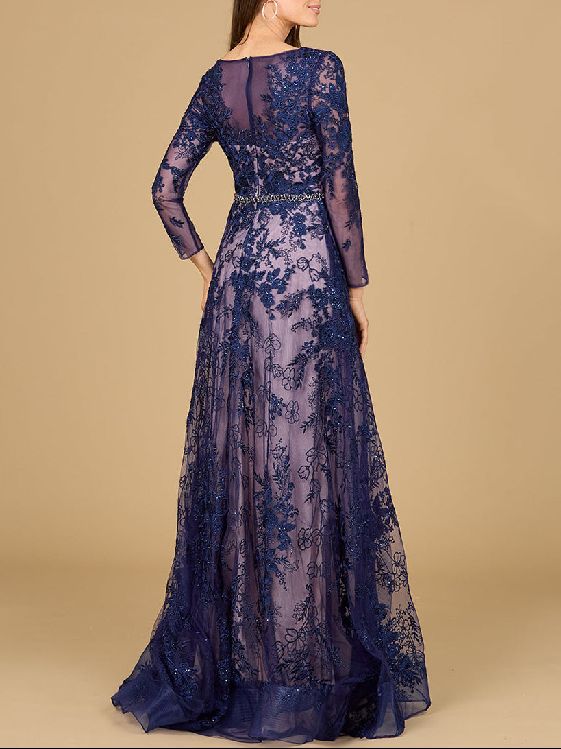 Long Sleeve V-Neck Lace Gown with Beaded Belt - JUSTLUXURY