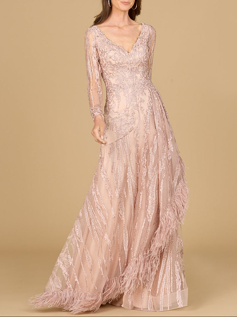 Long Sleeve V-Neck Lace Gown with Feathers - JUSTLUXURY