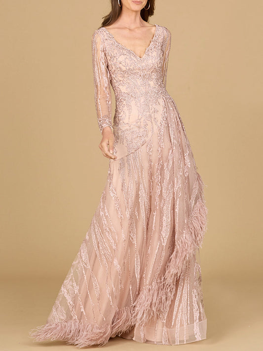 Long Sleeve V-Neck Lace Gown with Feathers - JUSTLUXURY
