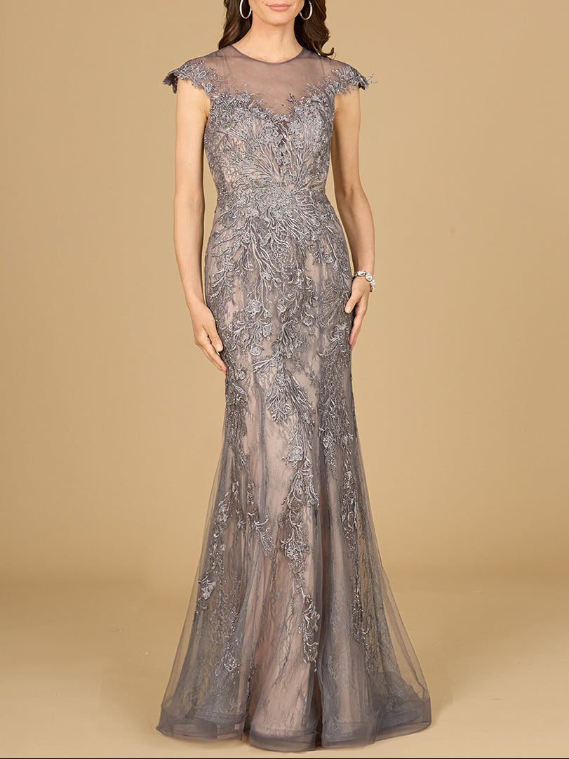 Sheath Lace Gown with Cap Sleeves - JUSTLUXURY
