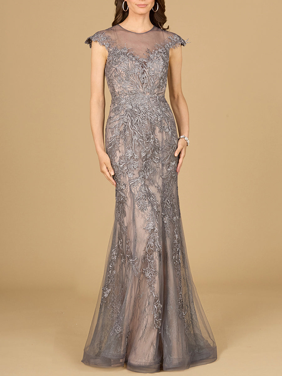 Sheath Lace Gown with Cap Sleeves - JUSTLUXURY