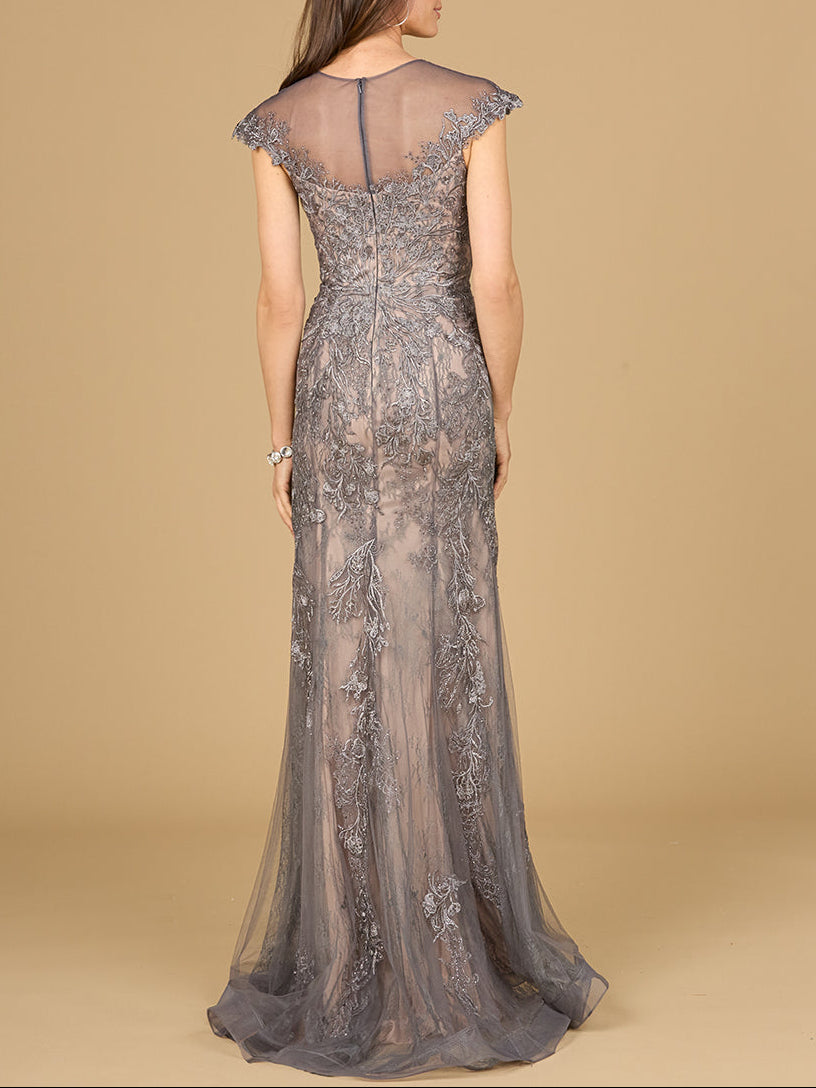Sheath Lace Gown with Cap Sleeves - JUSTLUXURY