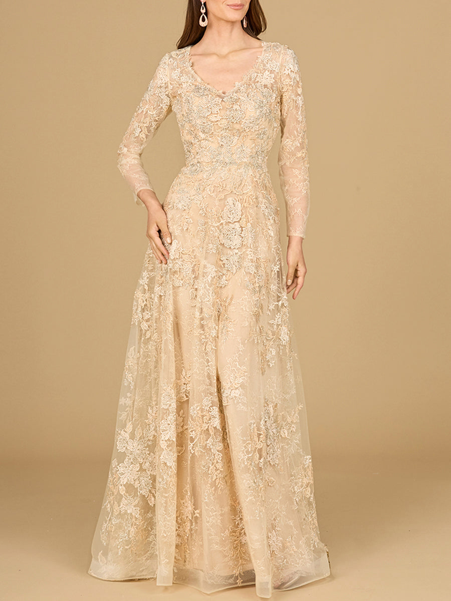 Lace Ballgown with Long Sleeves - JUSTLUXURY