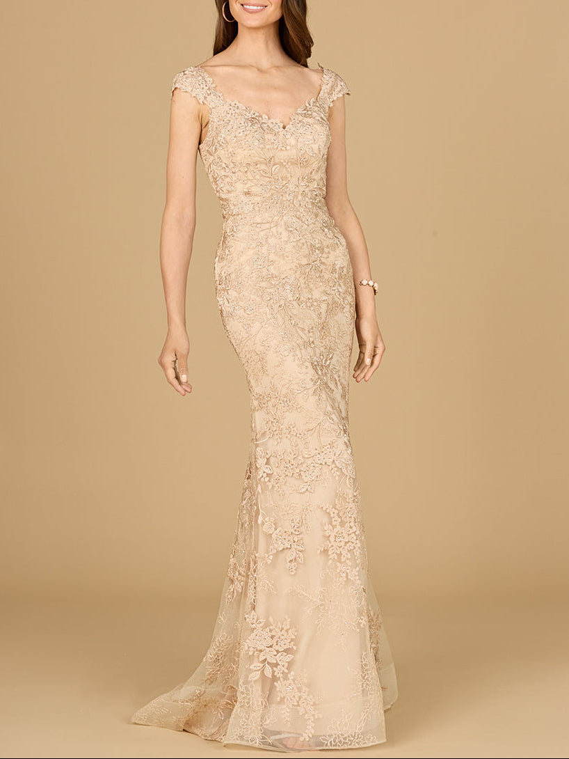 Mermaid Lace Gown with Cap Sleeves - JUSTLUXURY