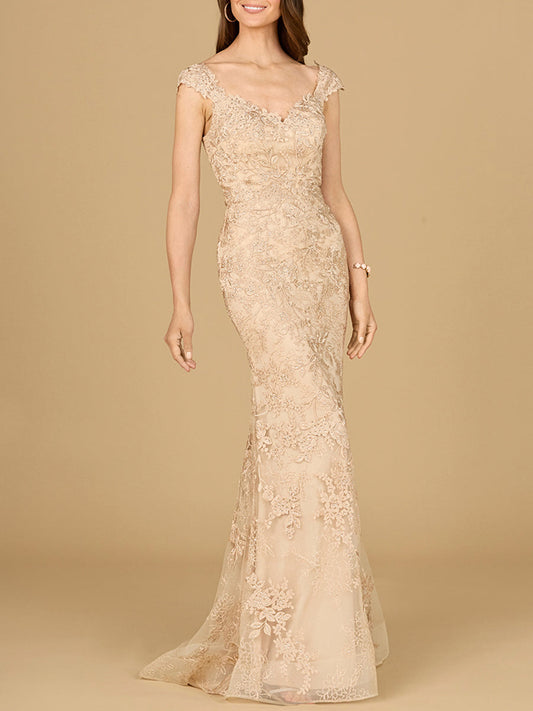 Mermaid Lace Gown with Cap Sleeves - JUSTLUXURY