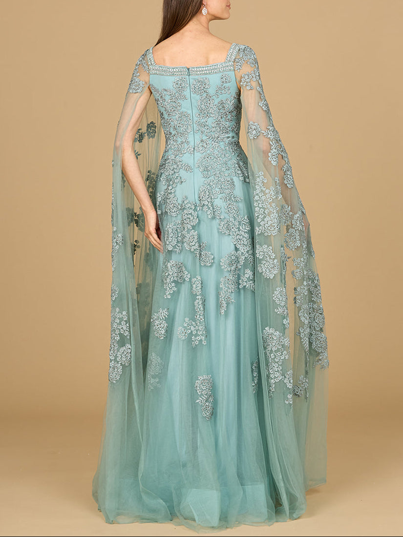 Lace Embroidered Gown with Long Cape Sleeves - JUSTLUXURY