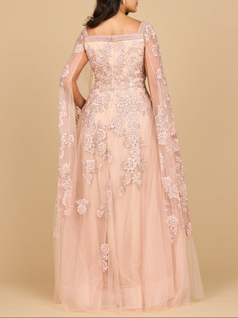 Lace Embroidered Gown with Long Cape Sleeves - JUSTLUXURY
