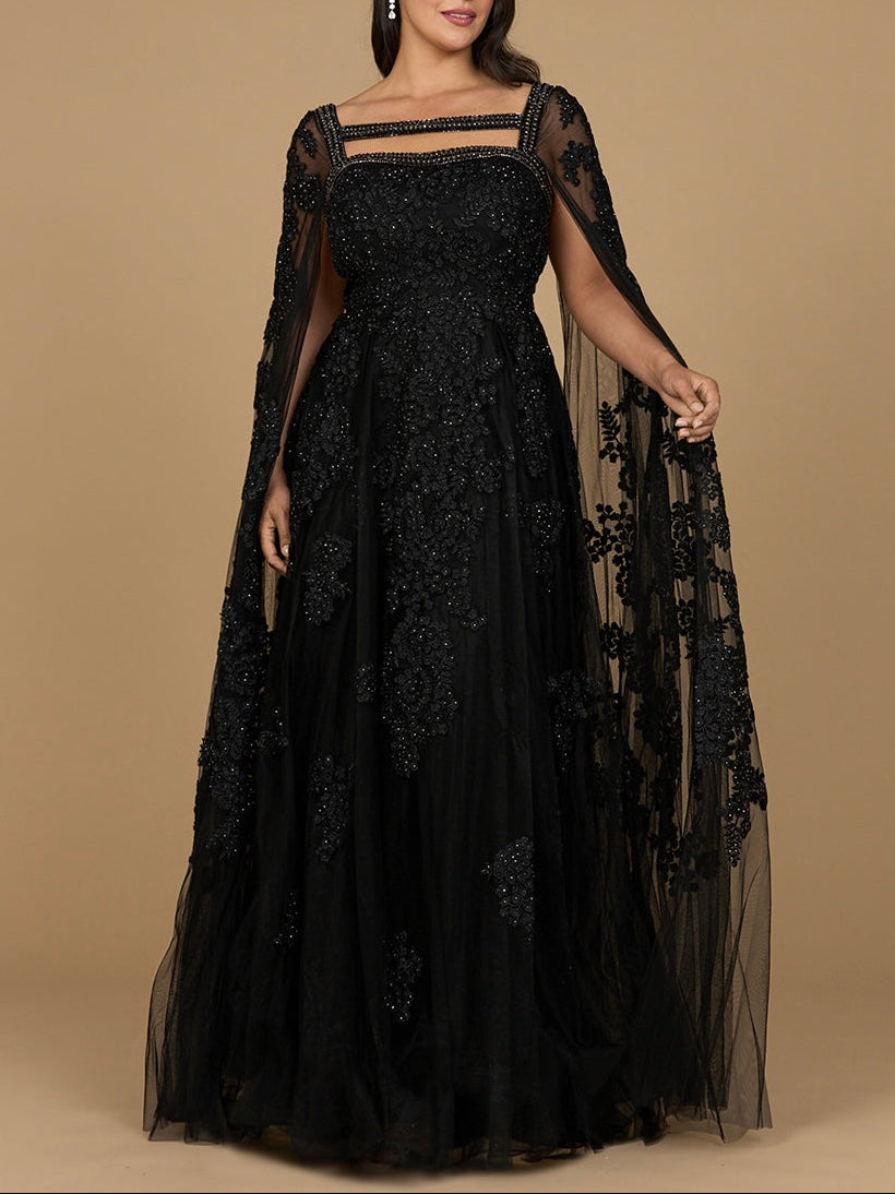 Lace Embroidered Gown with Long Cape Sleeves - JUSTLUXURY