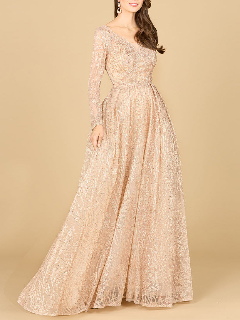 Long Sleeve, A-line Gown with a V-Neckline - JUSTLUXURY