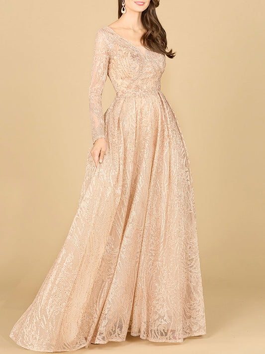 Long Sleeve, A-line Gown with a V-Neckline - JUSTLUXURY