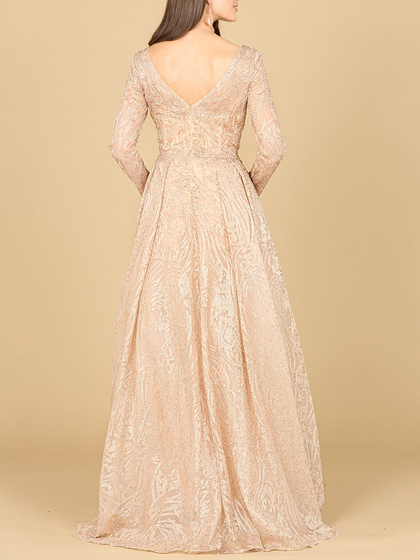 Long Sleeve, A-line Gown with a V-Neckline - JUSTLUXURY