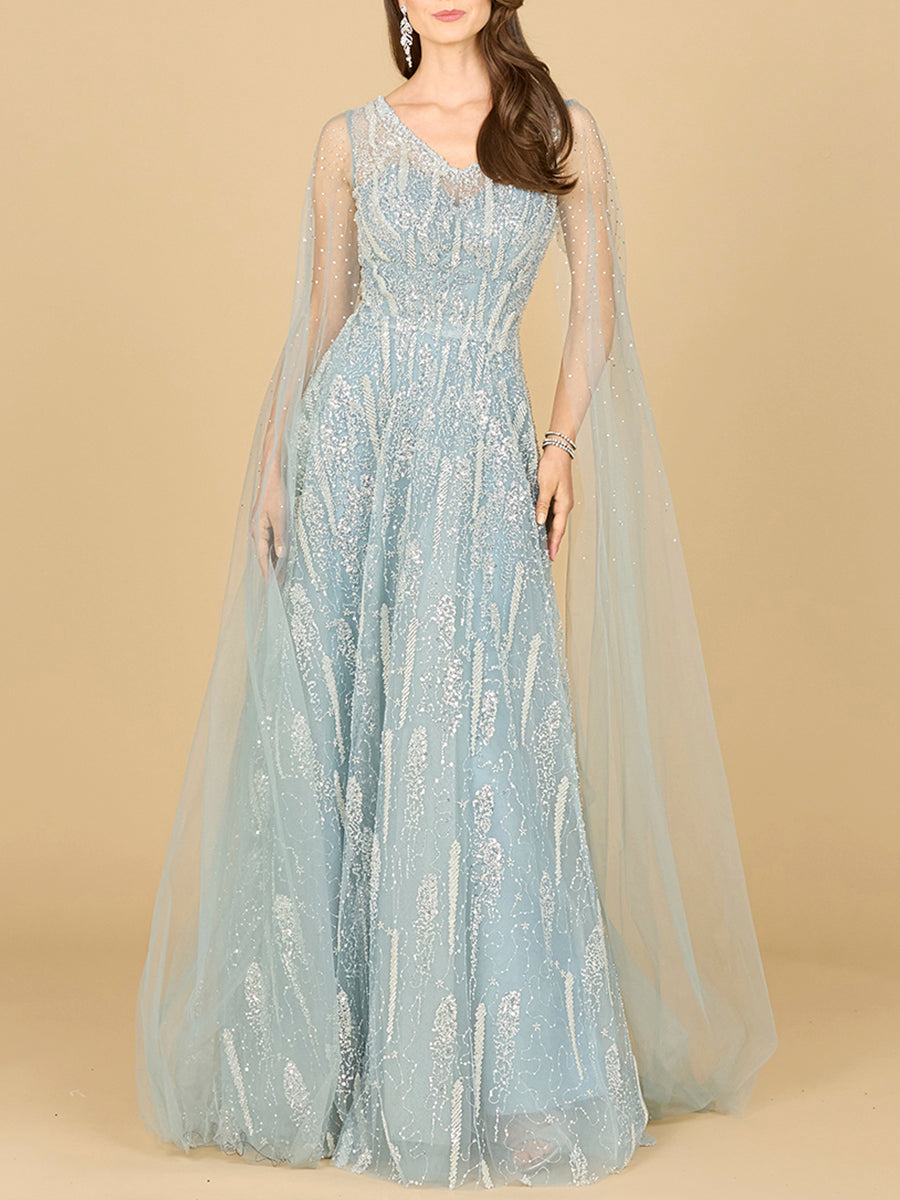 Lace Gown with Cape Sleeves and V-neckline - JUSTLUXURY