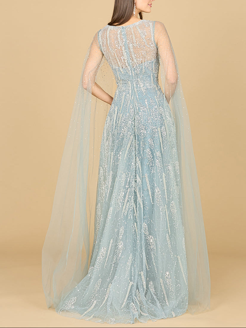 Lace Gown with Cape Sleeves and V-neckline - JUSTLUXURY
