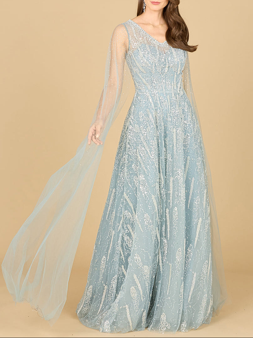 Lace Gown with Cape Sleeves and V-neckline - JUSTLUXURY