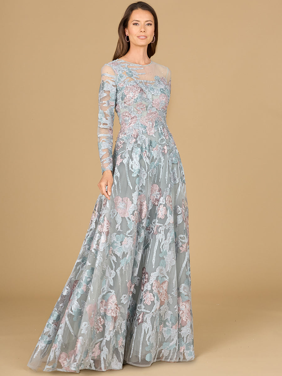Illusion Neck, Long Sleeve Ballgown - JUSTLUXURY