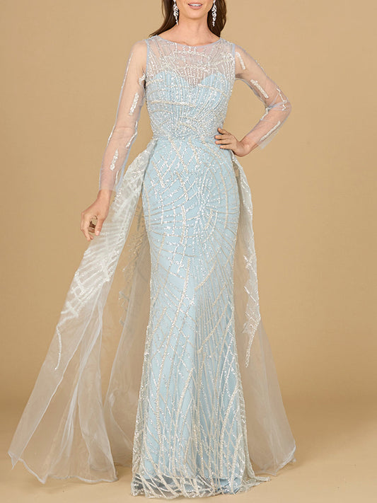 Long Sleeve Lace Gown with Tulle Overskirt - JUSTLUXURY
