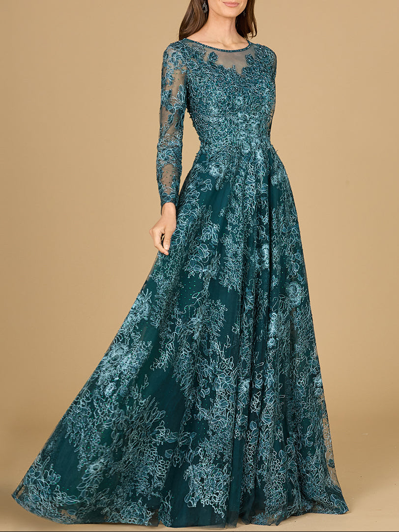 Long Sleeve, Illusion Neck Gown - JUSTLUXURY