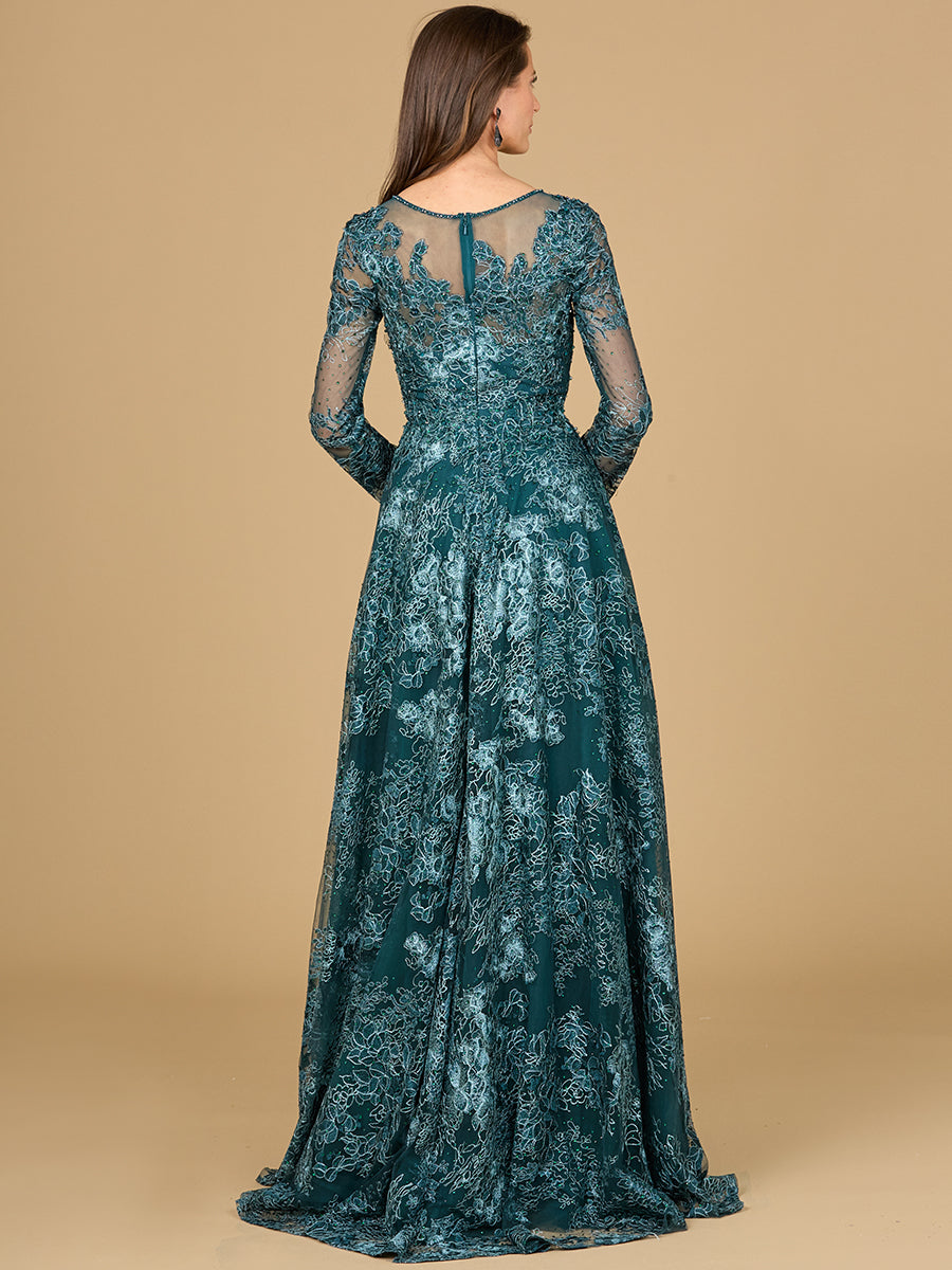 Long Sleeve, Illusion Neck Gown - JUSTLUXURY