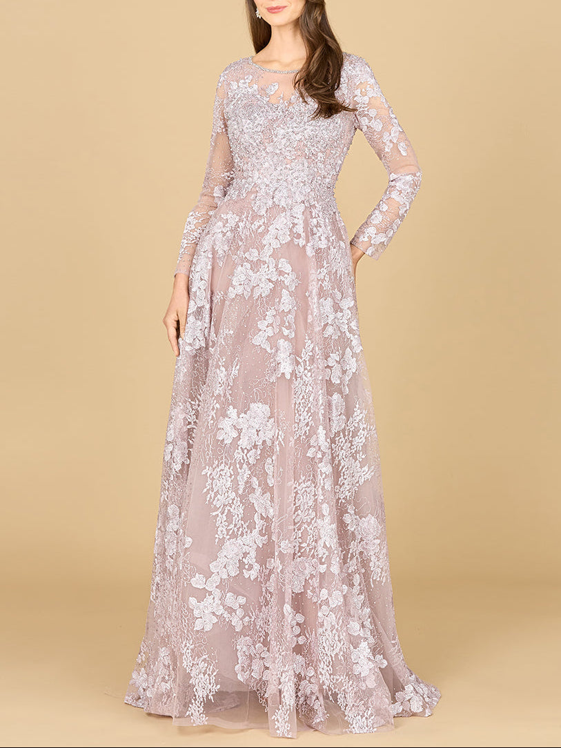 Long Sleeve, Illusion Neck Gown - JUSTLUXURY