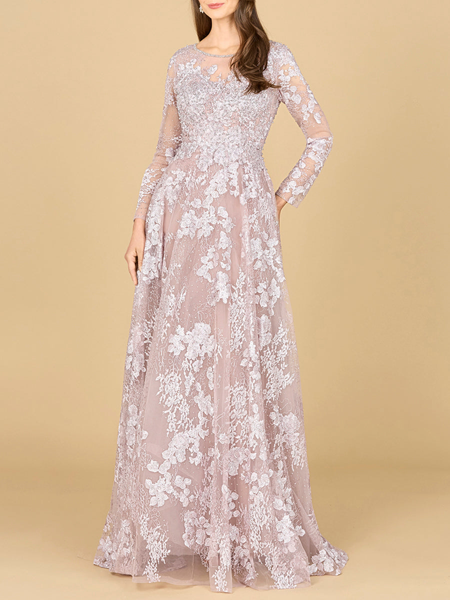 Long Sleeve, Illusion Neck Gown - JUSTLUXURY