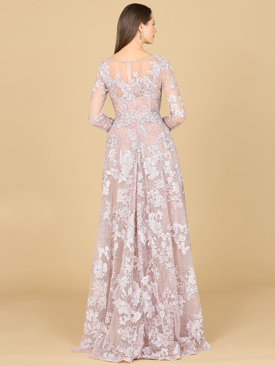 Long Sleeve, Illusion Neck Gown - JUSTLUXURY