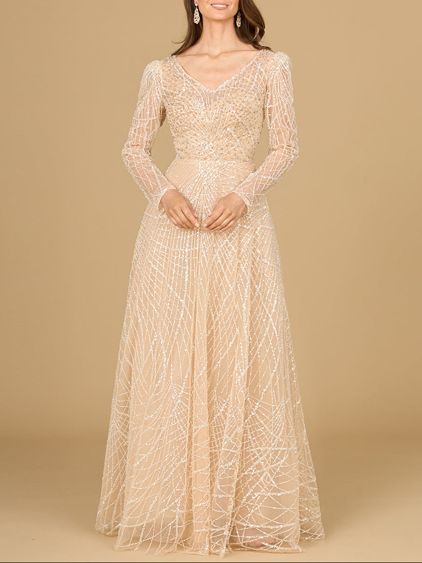 Long Sleeve V-Neck Ballgown - JUSTLUXURY