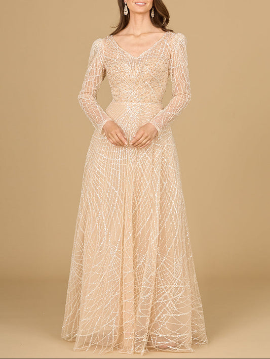 Long Sleeve V-Neck Ballgown - JUSTLUXURY
