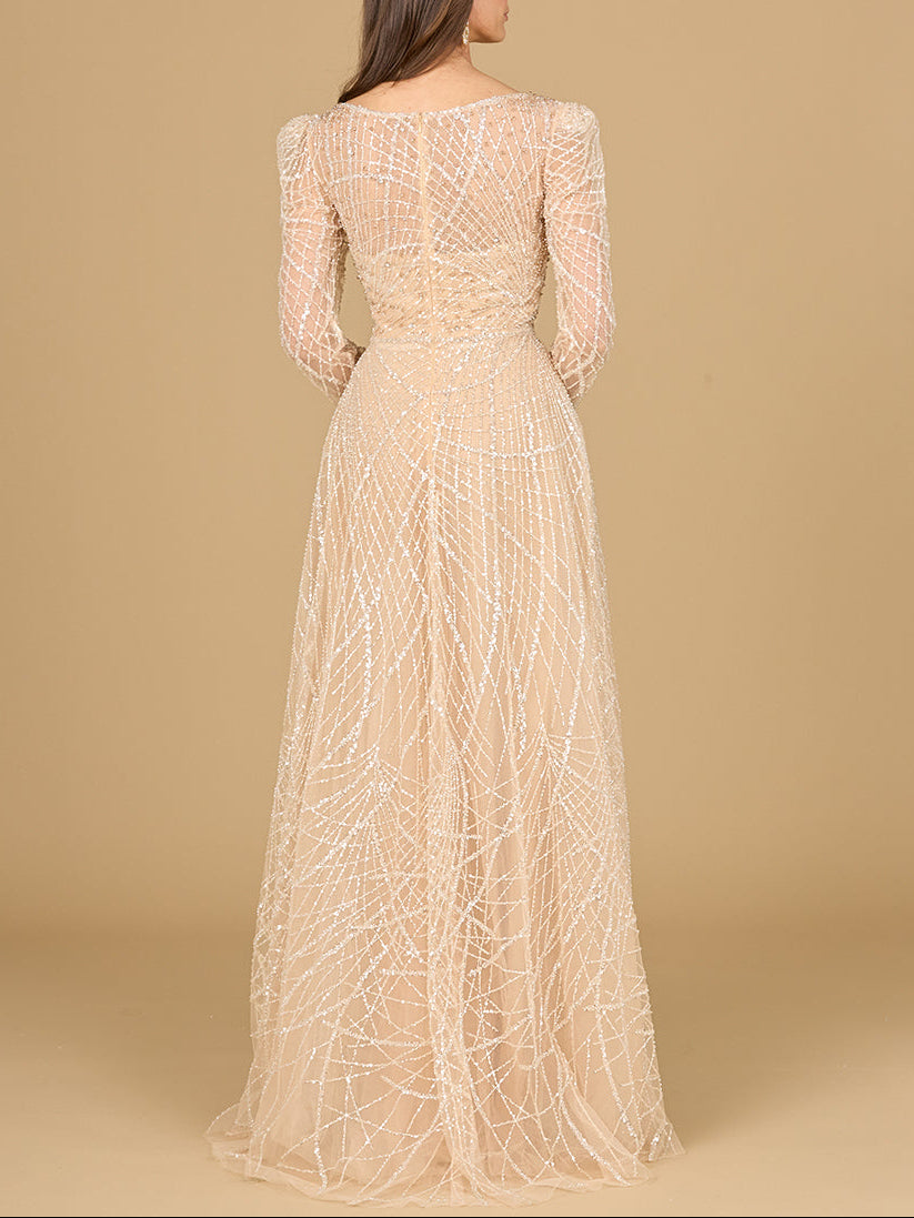 Long Sleeve V-Neck Ballgown - JUSTLUXURY