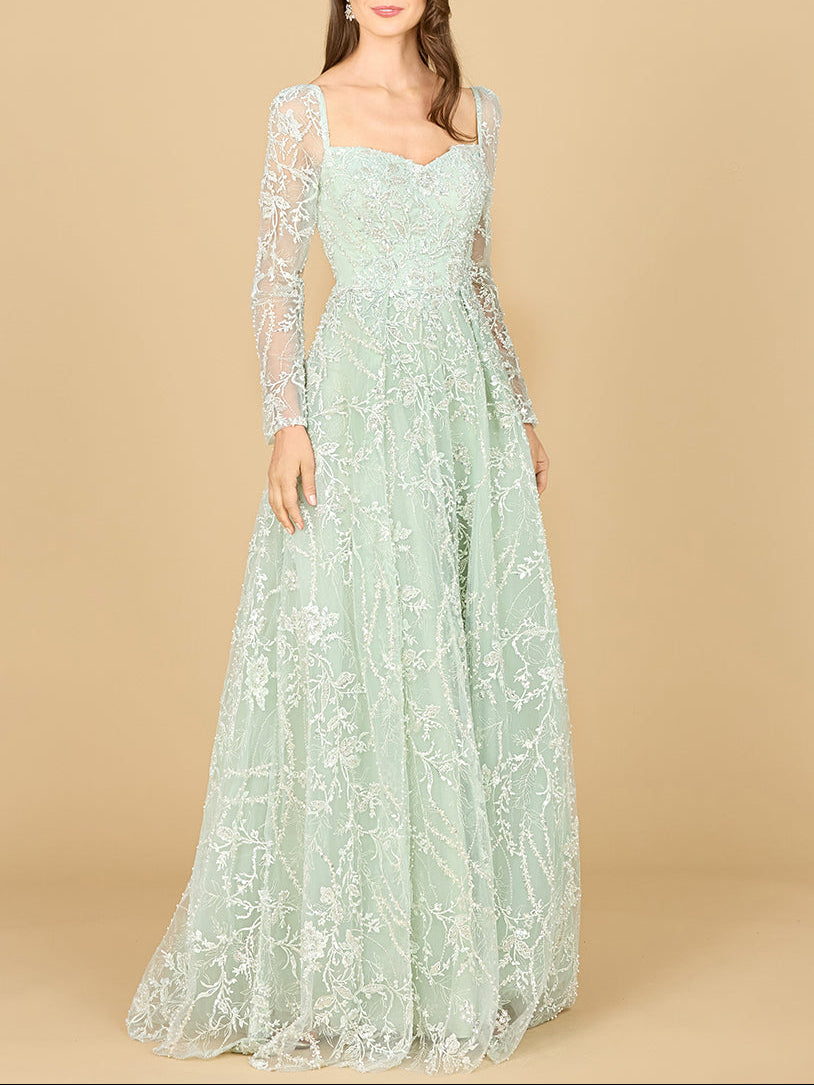 Long Sleeve Beaded Lace Gown - JUSTLUXURY
