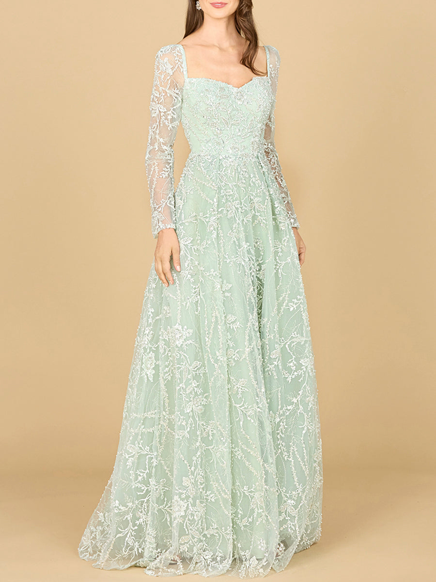 Long Sleeve Beaded Lace Gown - JUSTLUXURY