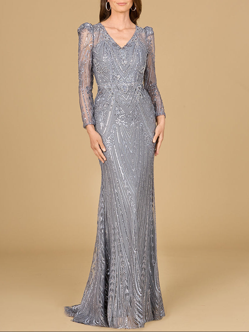 Long Sleeve Sheath Gown with Juliet Sleeves - JUSTLUXURY