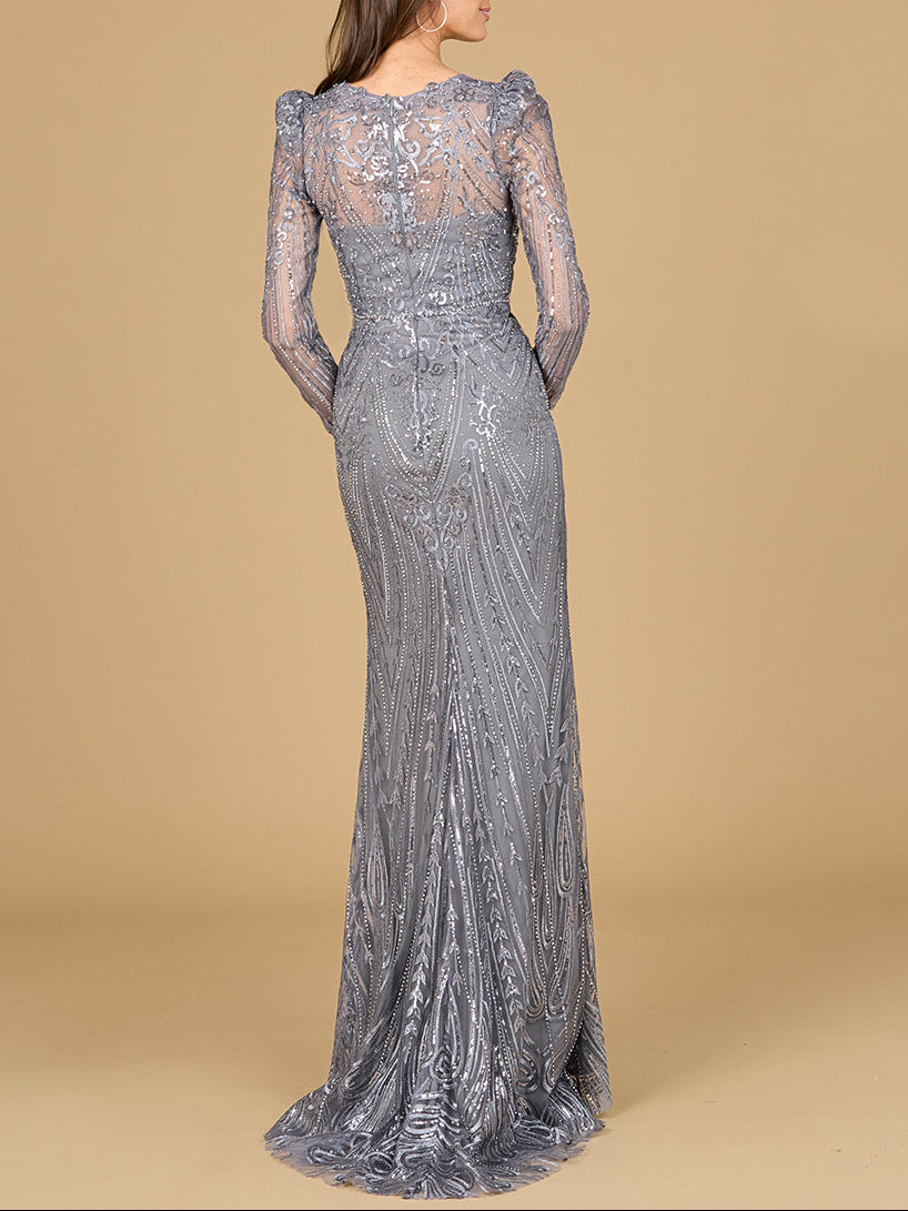 Long Sleeve Sheath Gown with Juliet Sleeves - JUSTLUXURY