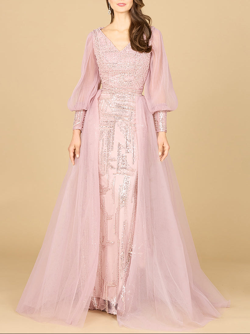 Long Sleeve Lace Gown with Removable Over Skirt - JUSTLUXURY