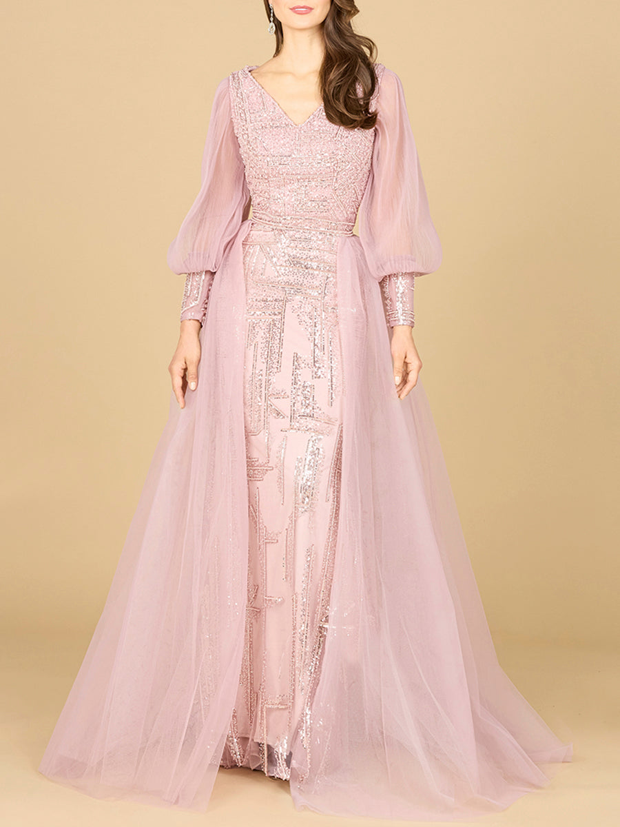 Long Sleeve Lace Gown with Removable Over Skirt - JUSTLUXURY