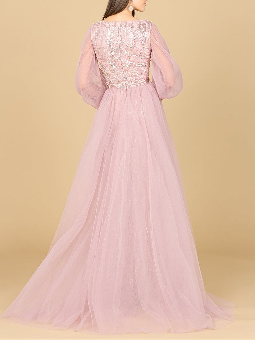 Long Sleeve Lace Gown with Removable Over Skirt - JUSTLUXURY