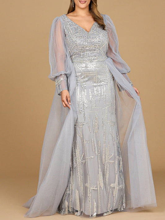 Long Sleeve Lace Gown with Removable Over Skirt - JUSTLUXURY
