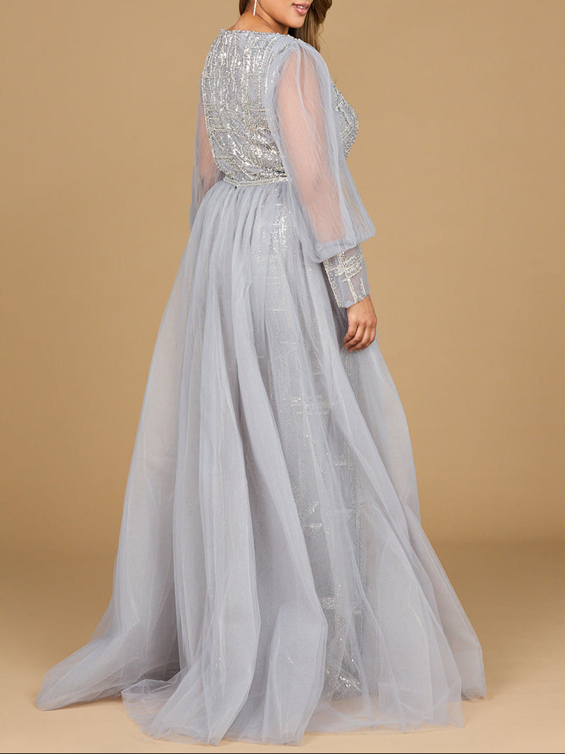 Long Sleeve Lace Gown with Removable Over Skirt - JUSTLUXURY