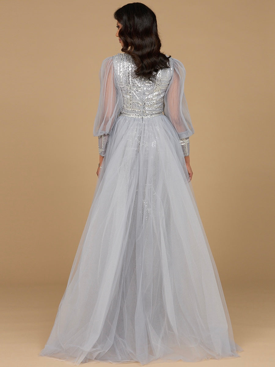 Long Sleeve Lace Gown with Removable Over Skirt - JUSTLUXURY
