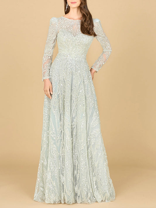 Long Sleeve Beaded Lace Gown - JUSTLUXURY